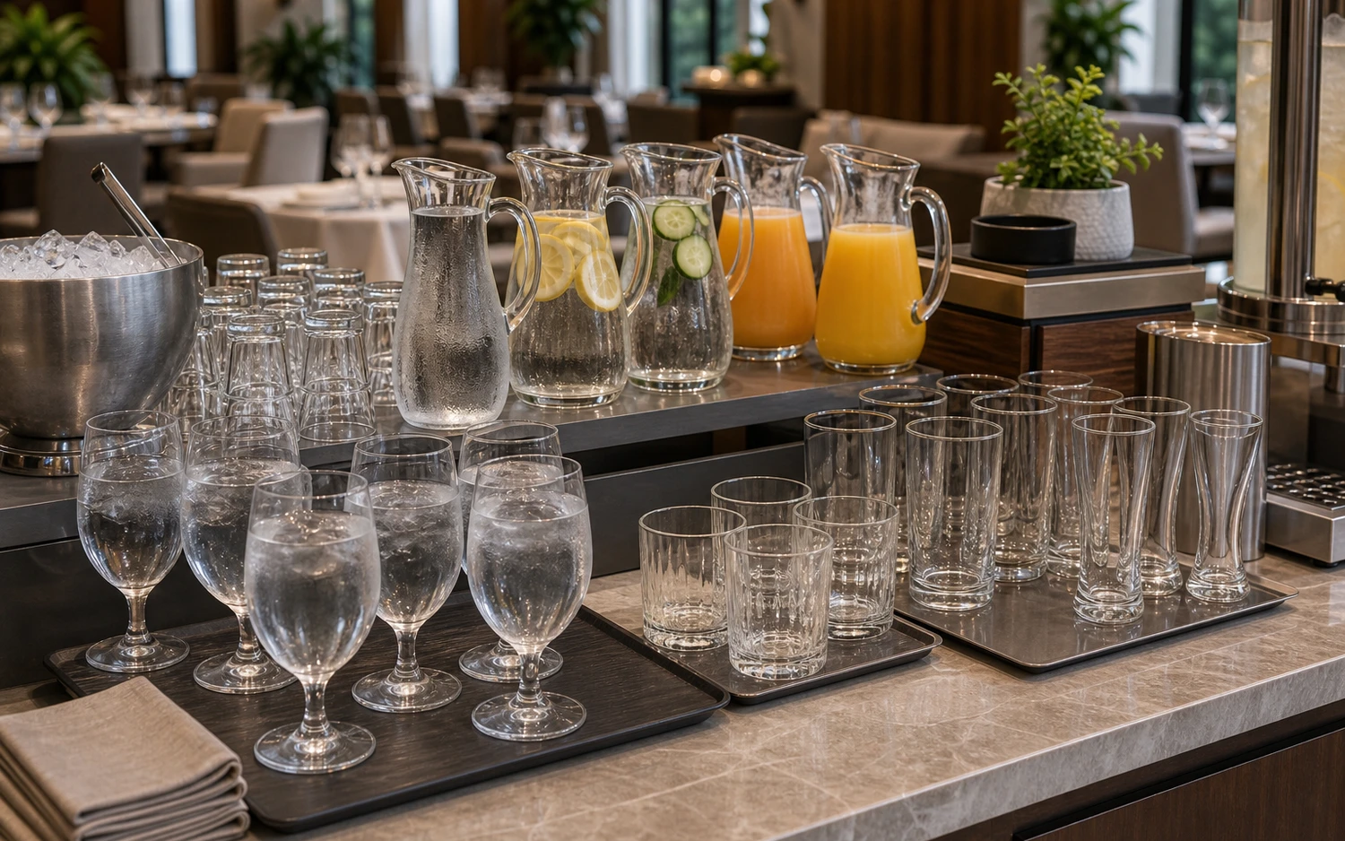 Hotel highball glasses with drinks for bar and restaurant service
