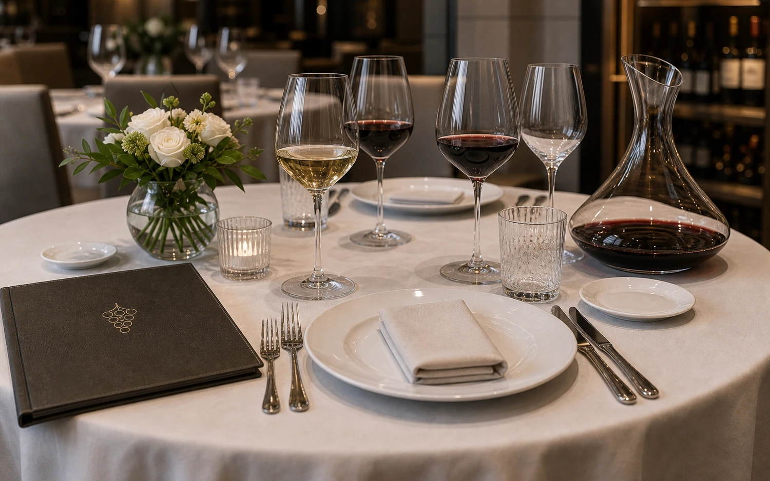 Restaurant table setting with wine glasses and white porcelain dinnerware