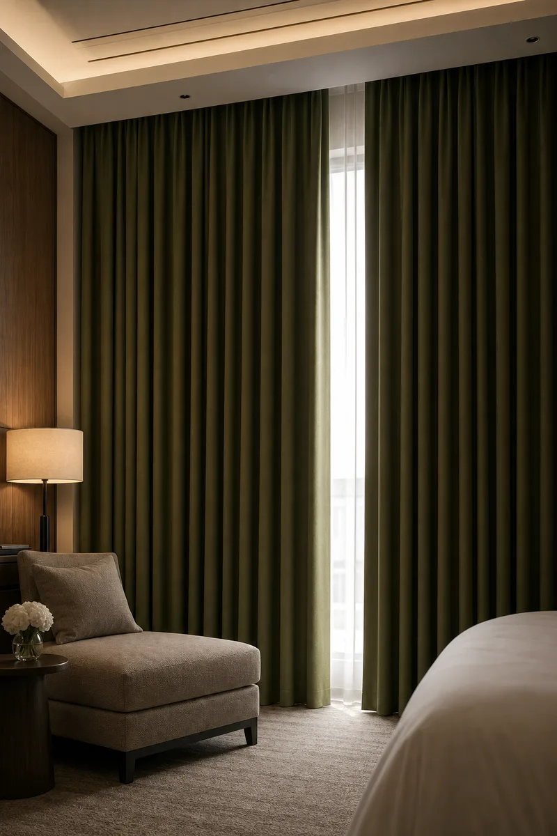 Olive green hotel blackout drapery panels mostly closed to darken a guestroom window