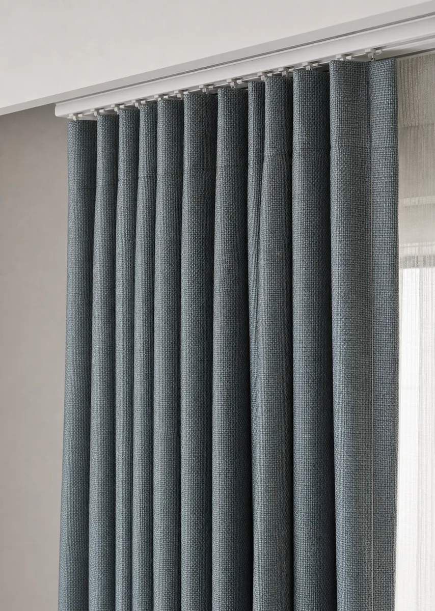 Close-up of blue-grey woven blackout curtain pleats on a hotel ceiling track with gliders