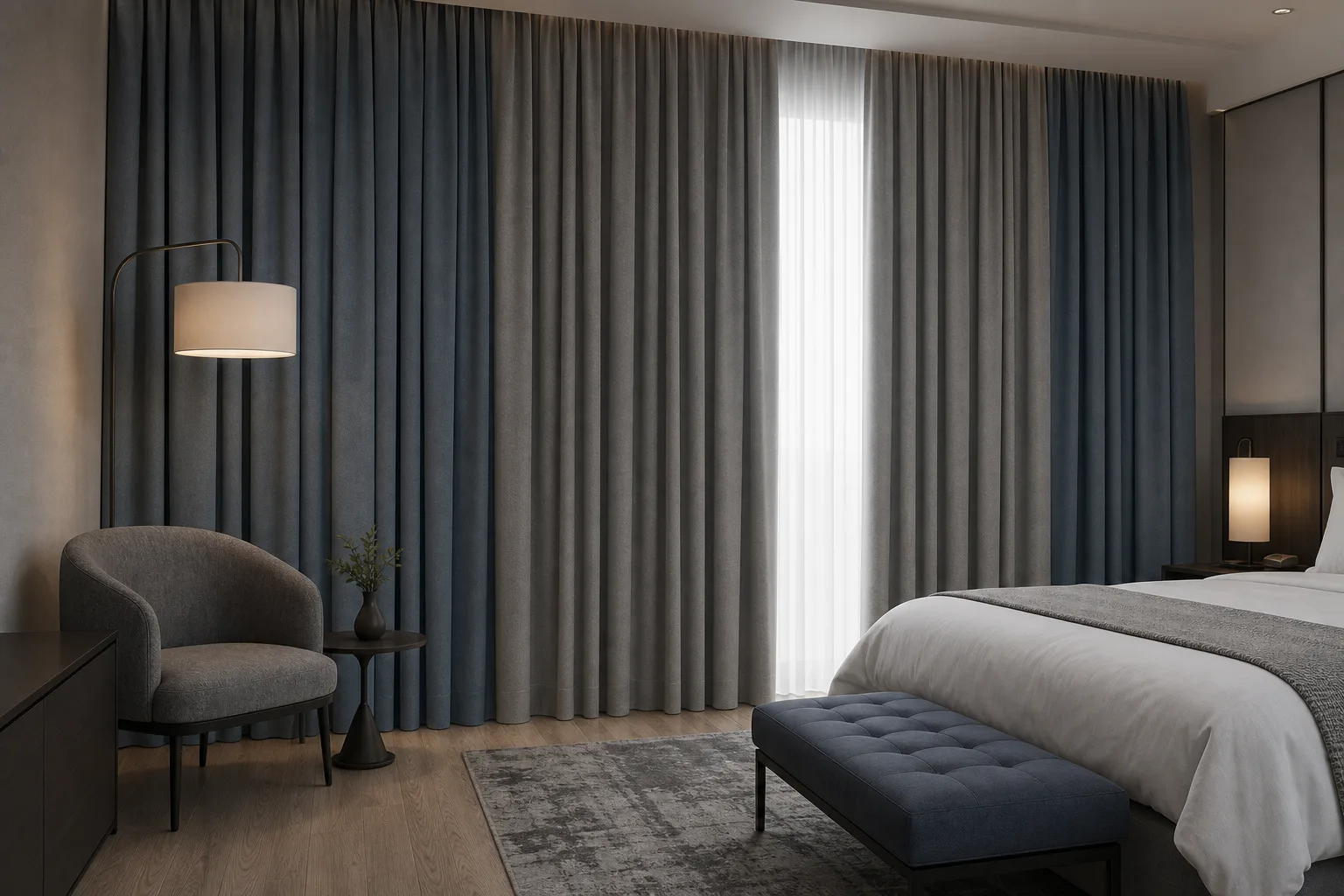 Hotel guestroom with floor-to-ceiling blue-grey blackout drapery panels on a concealed ceiling track
