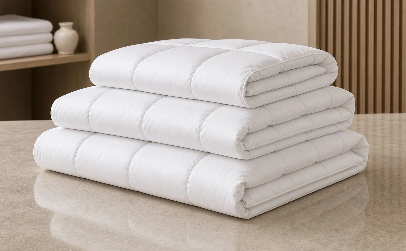 Folded white hotel down comforters with quilted baffle construction