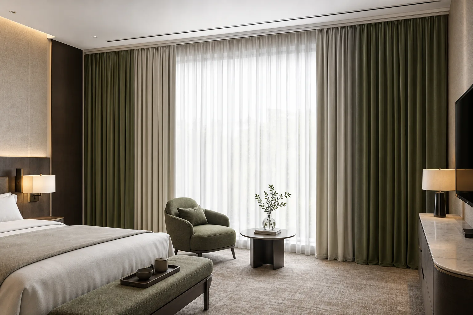 Premium hotel room with coordinated blackout drapes and white sheer curtains installed floor to ceiling