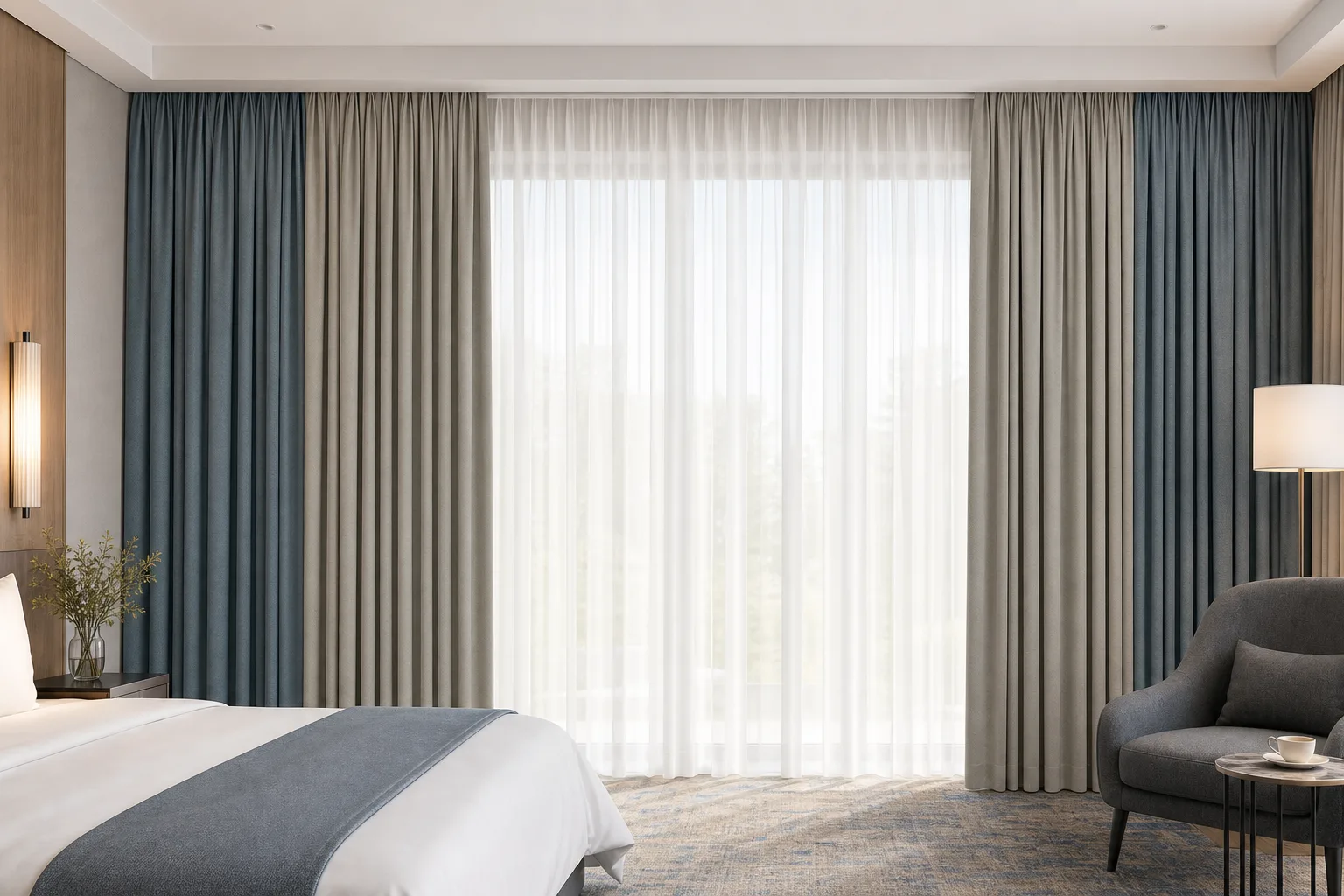 Hotel guestroom window with white sheer voile panels behind blue-grey blackout drapes on a dual-layer track system