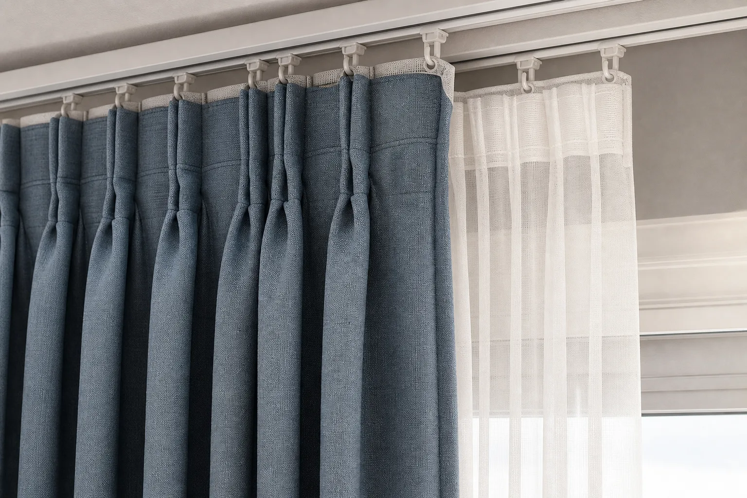 Close-up of hotel dual-track curtain hardware with front blackout drape and inner sheer voile panel