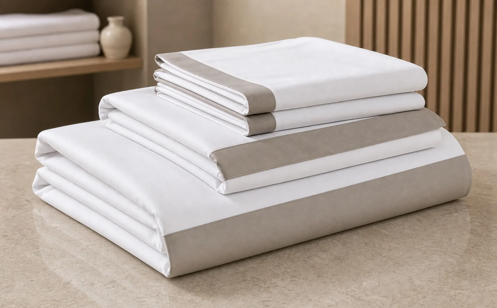 Folded white hotel duvet cover set with taupe contrast border and matching shams