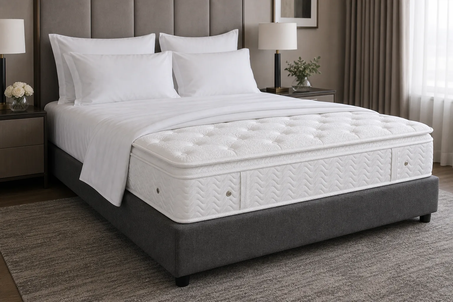 Hotel guestroom bed with white mattress paired to a charcoal upholstered mattress base
