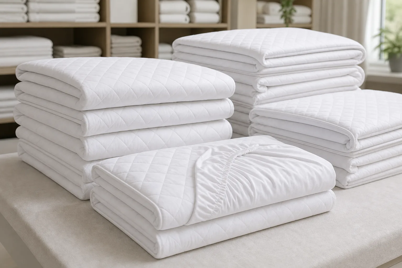 Folded white quilted hotel mattress pads stacked for housekeeping inventory