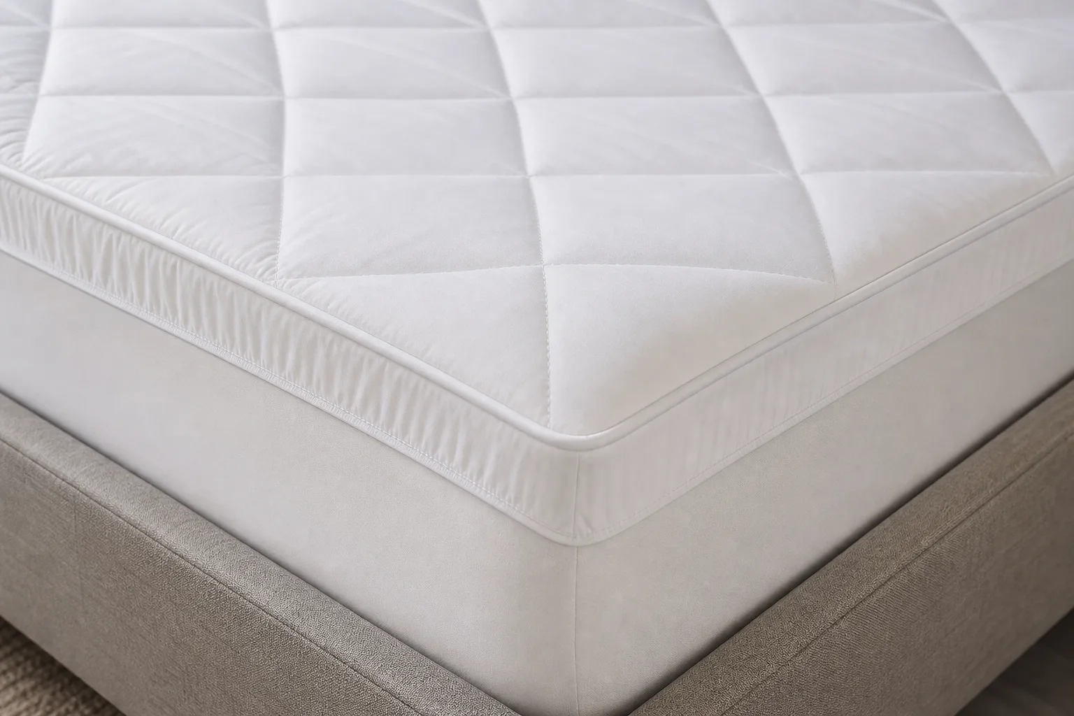 Close-up of white quilted hotel mattress pad corner with piped edge and fitted side panel