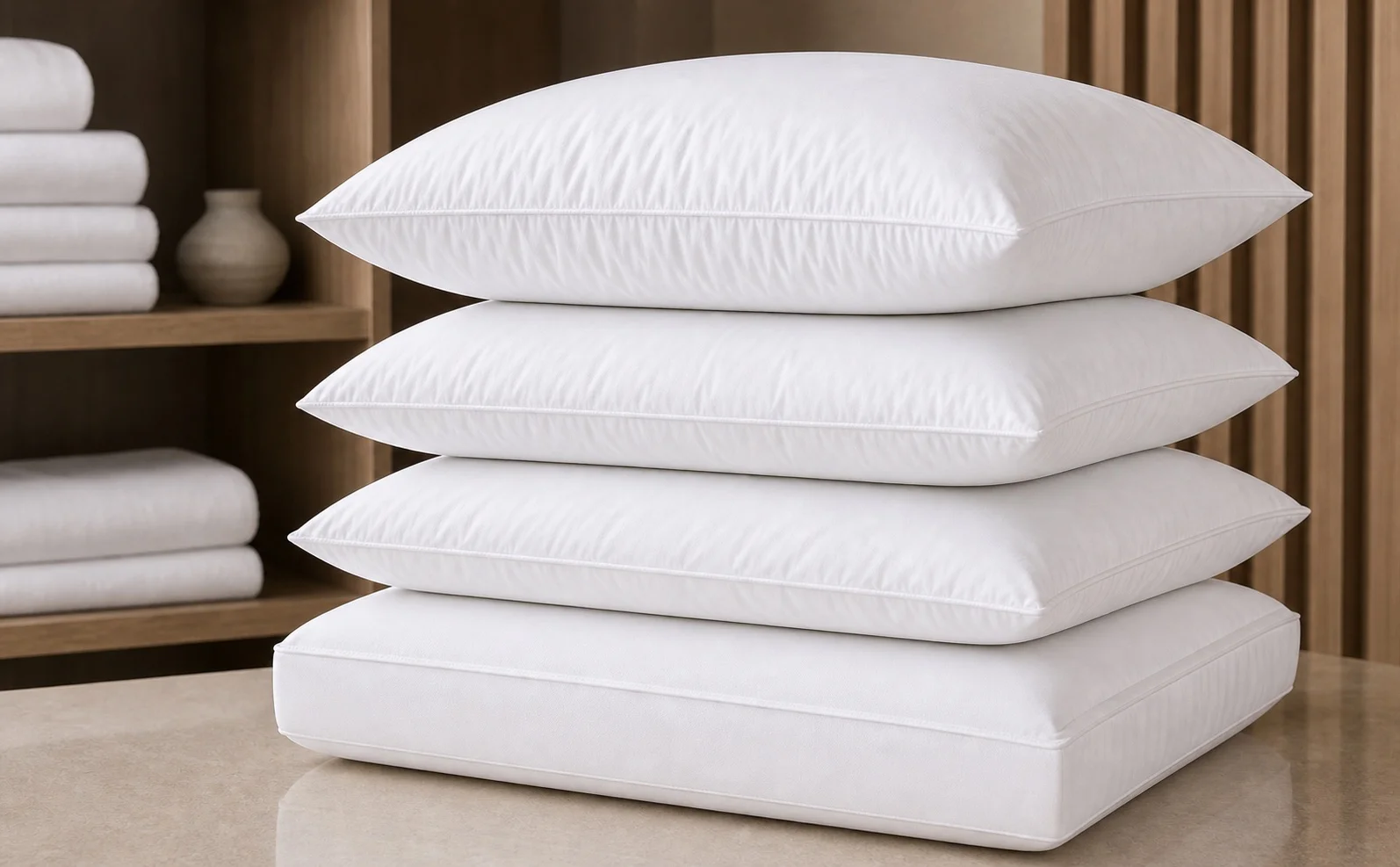 Stacked white hotel pillows with varied loft profiles for guestroom supply