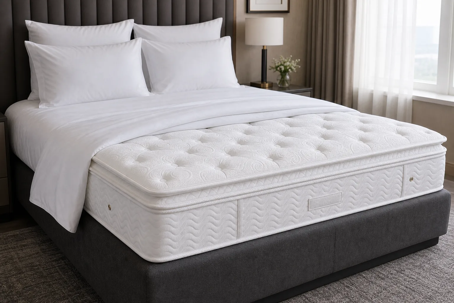 Premium hotel guestroom bed with white quilted pillow-top mattress on upholstered base
