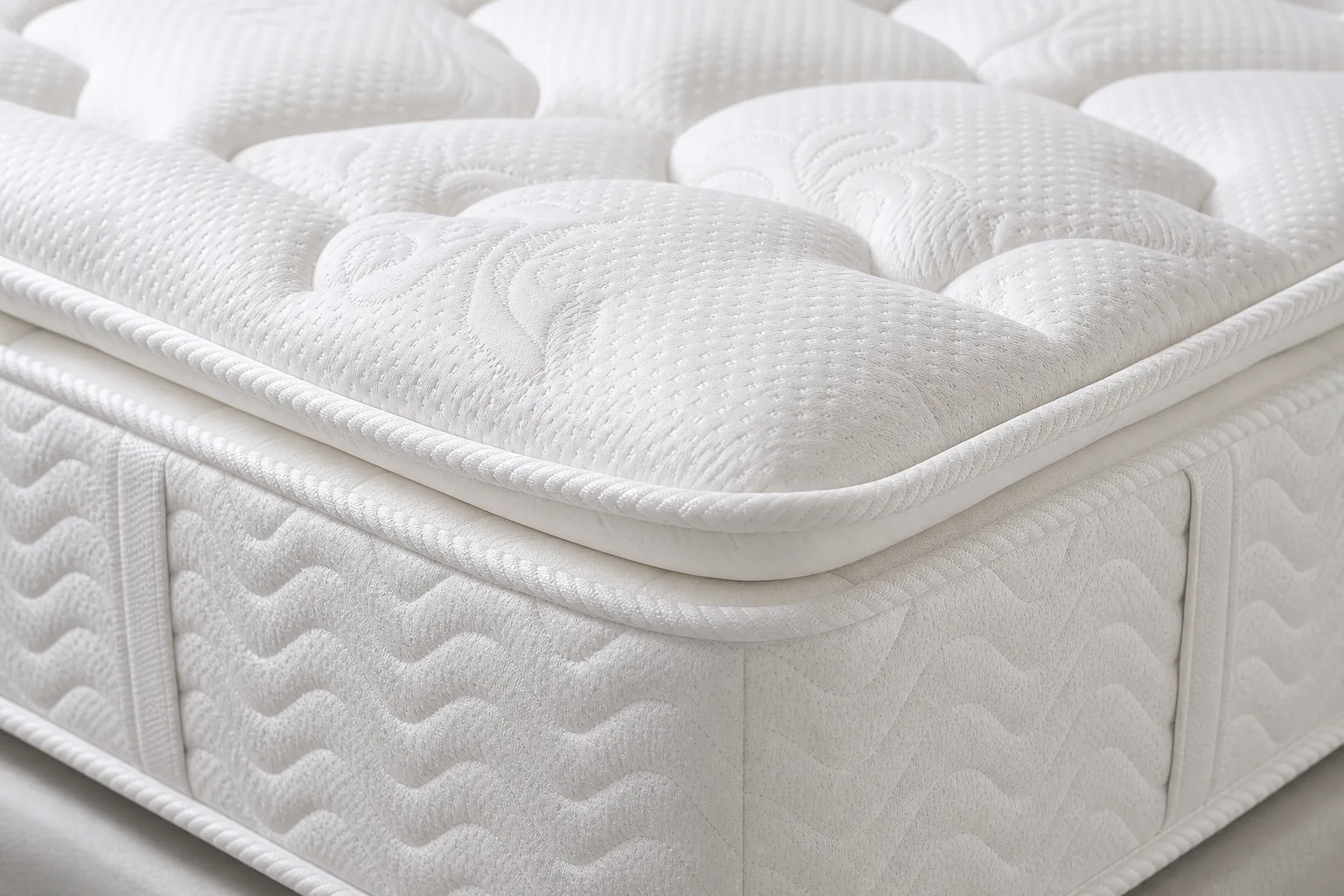 Close-up of white hotel pillow-top mattress with jacquard knit quilting and piped edge