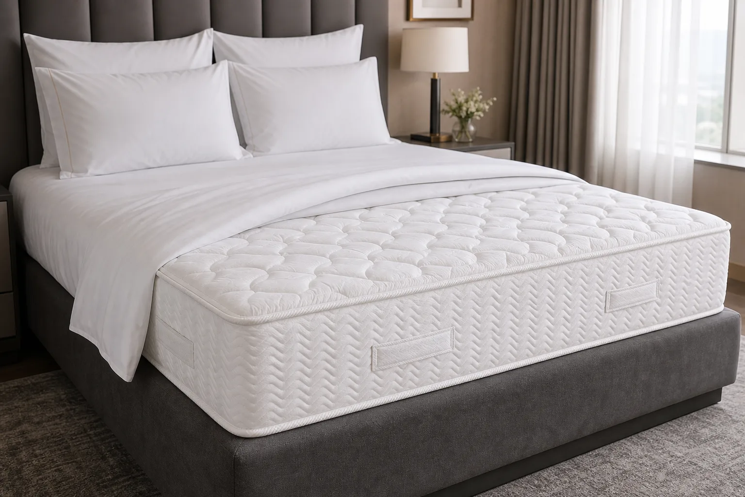 Hotel guestroom bed with thick white pocket-spring mattress on upholstered base and folded-back sheets