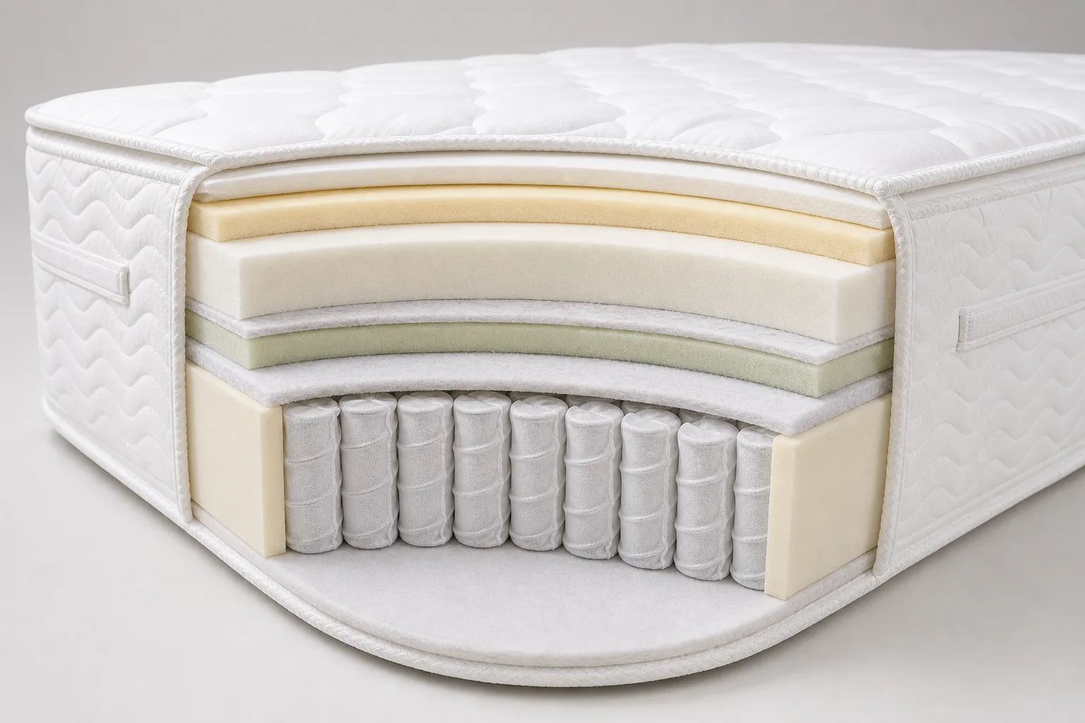 Cutaway of hotel pocket-spring mattress showing foam comfort layers, pocket spring core and foam edge reinforcement