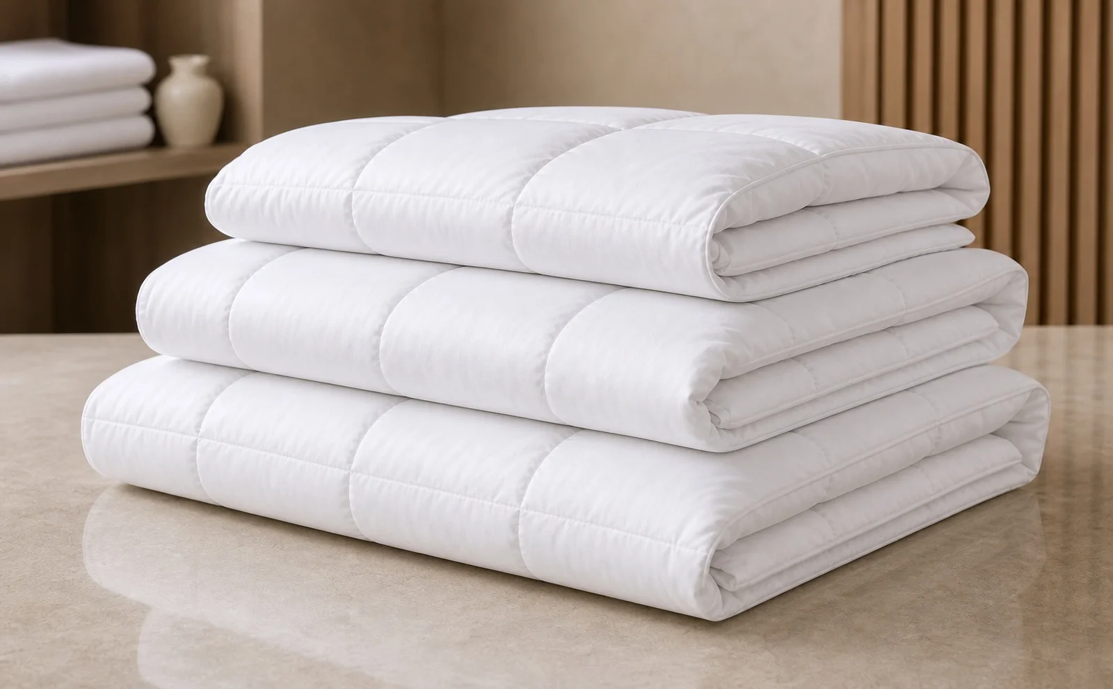 Folded white hotel microfiber and hollow-fiber quilts stacked for room supply