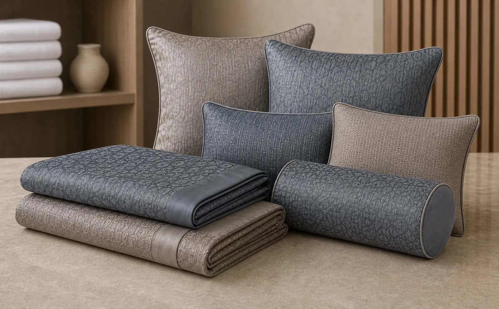Folded jacquard bed runners with matching decorative cushions and bolster pillow