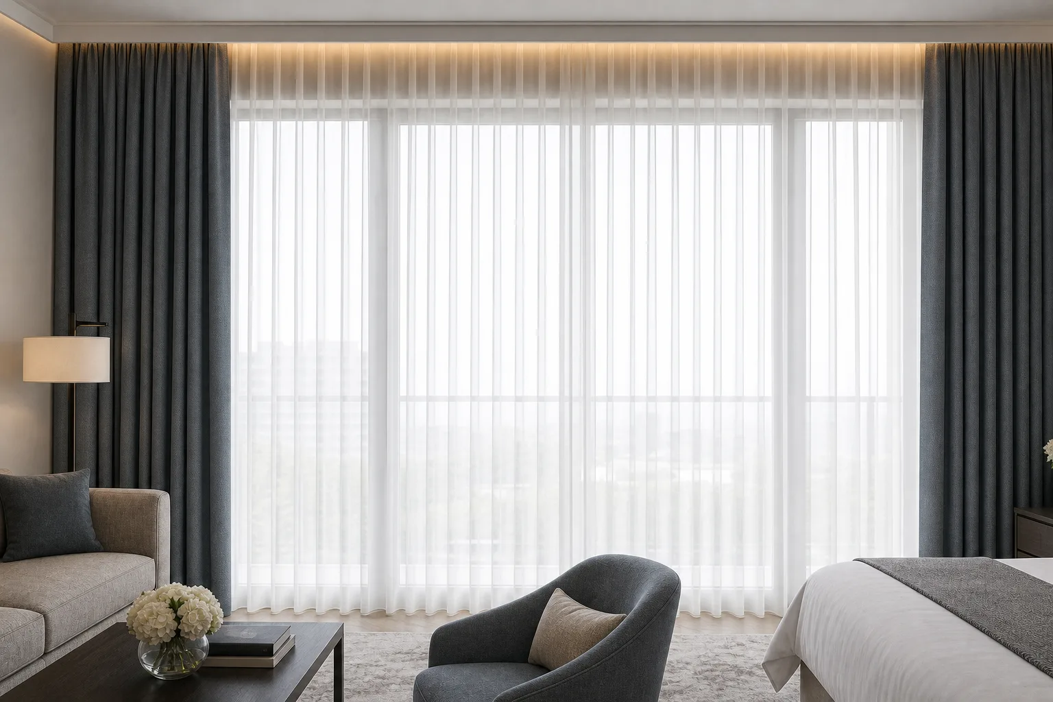 Hotel window treatment with white sheer voile panels layered between open grey blackout drapes