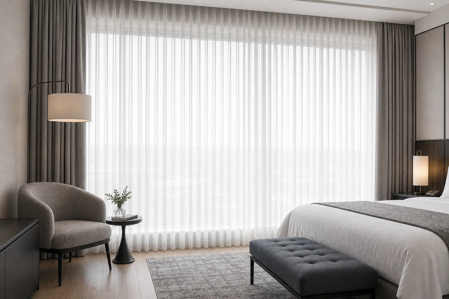 Hotel guestroom window with full-height white sheer voile panels filtering soft daylight