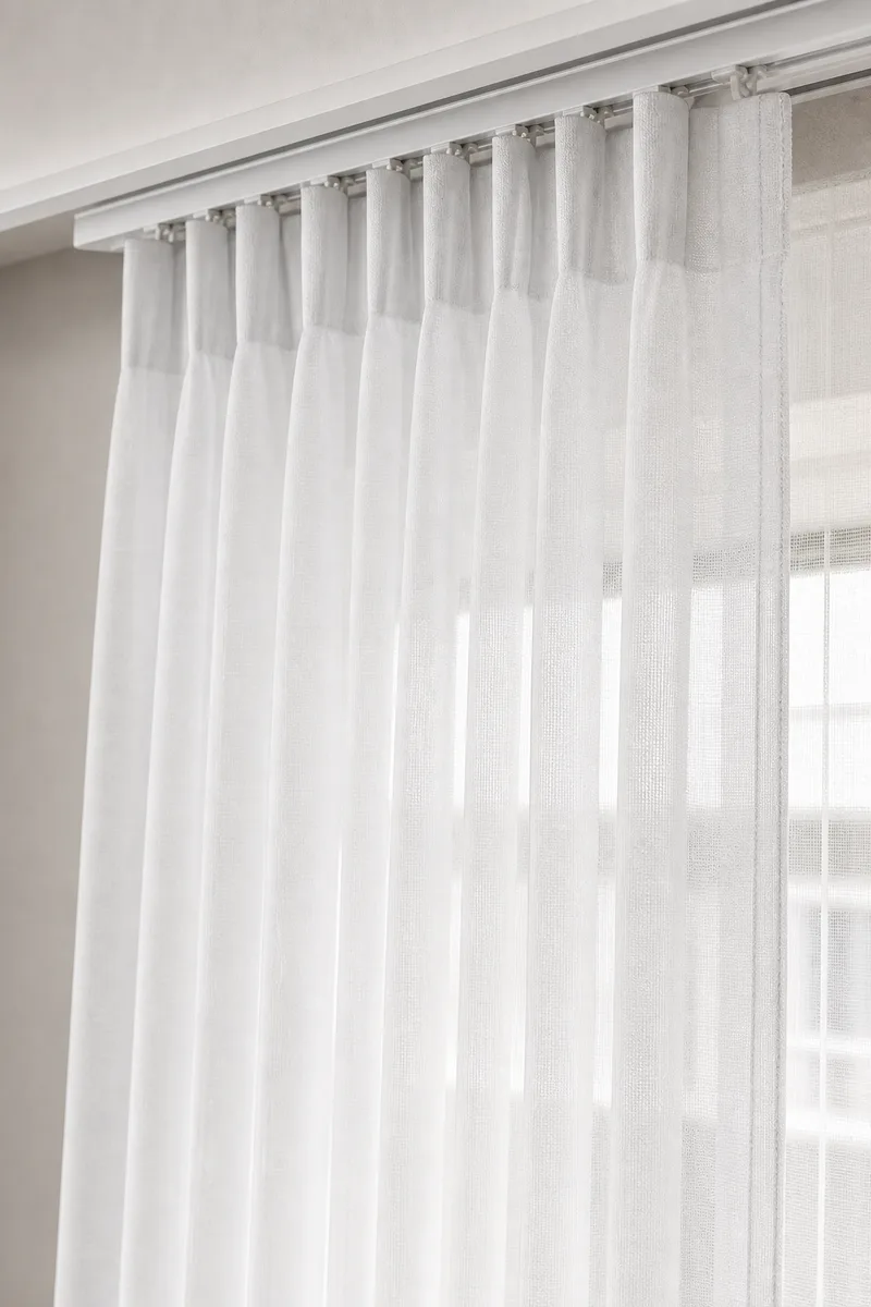 Close-up of white sheer voile curtain pleats on a concealed ceiling track with fine translucent weave