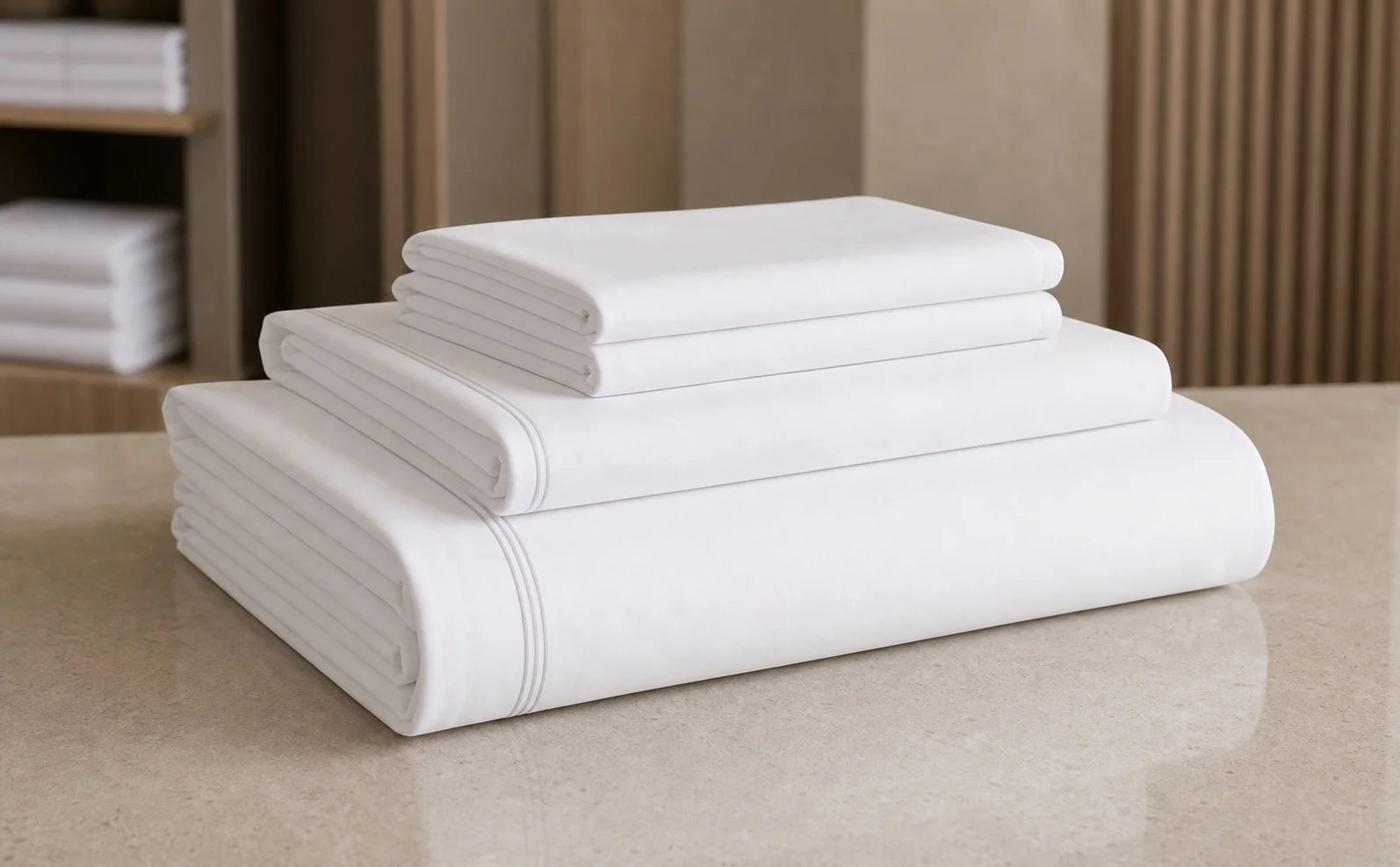 Folded white hotel sheet and duvet cover set with matching pillowcases