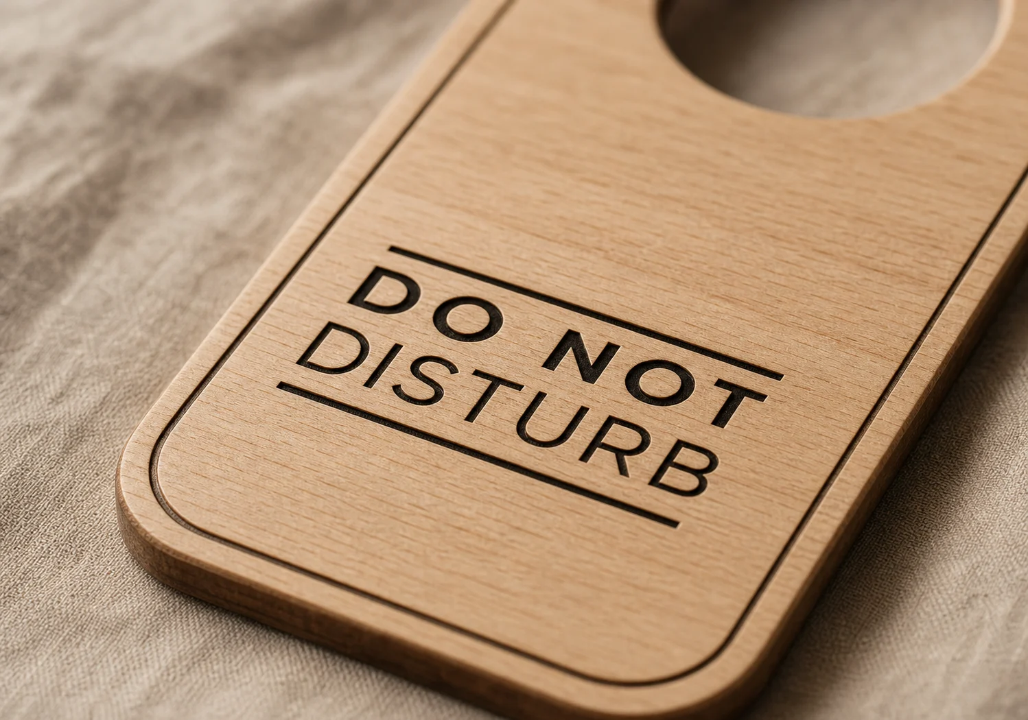 Close-up of laser engraving on a wooden hotel door hanger