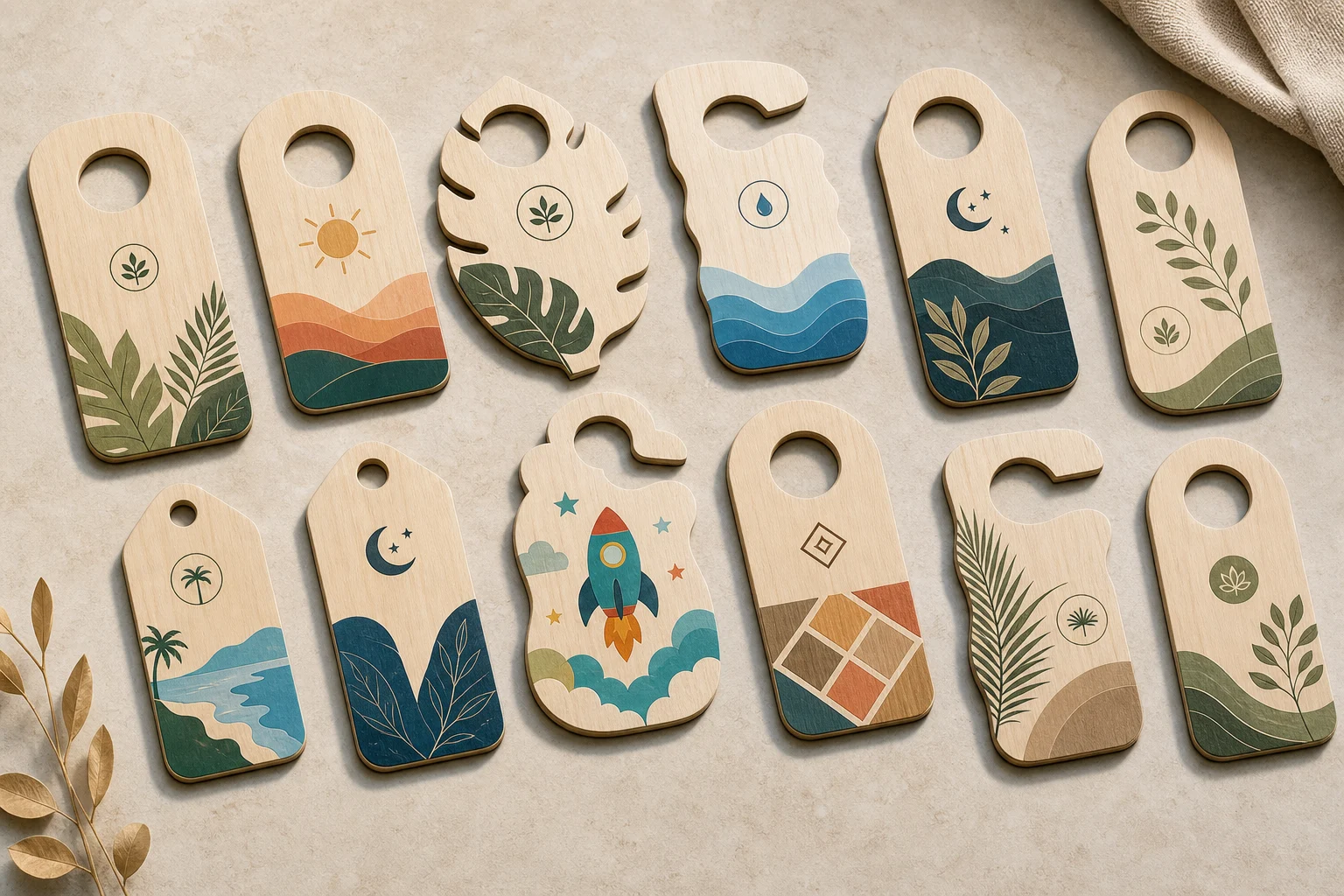 Custom-shaped wooden door hangers with colour print and guest messaging