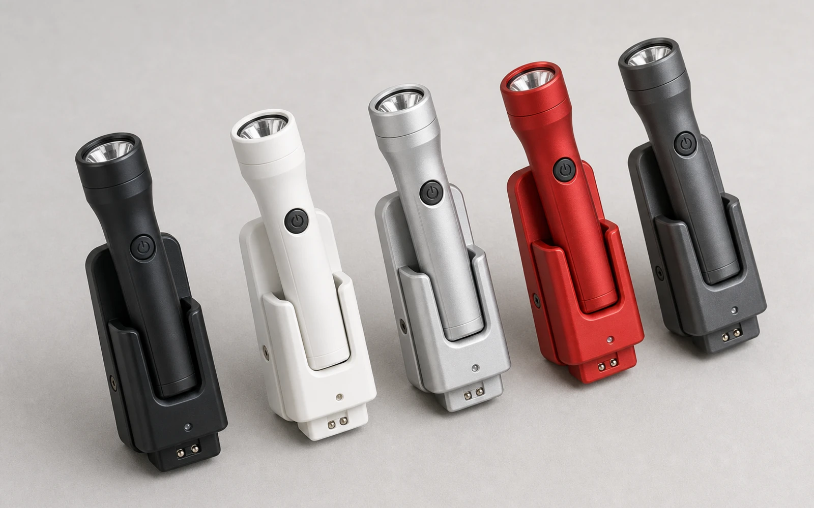 Hotel rechargeable flashlight colour options in black, white, grey and mist grey