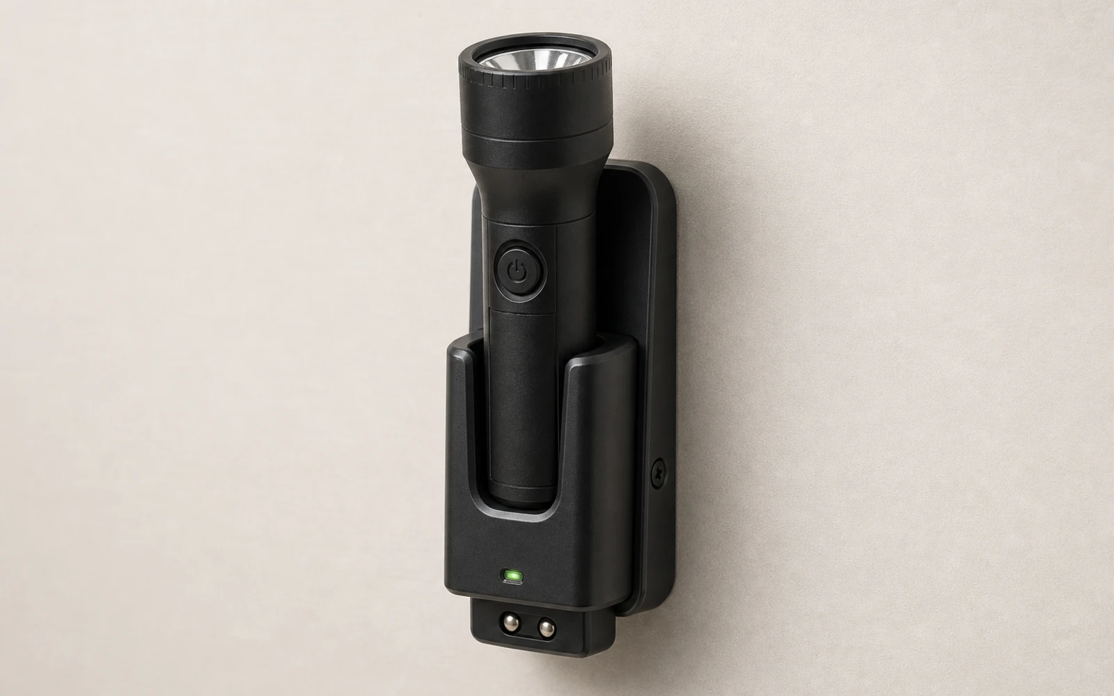 Hotel flashlight shown with wall-mounted magnetic dock