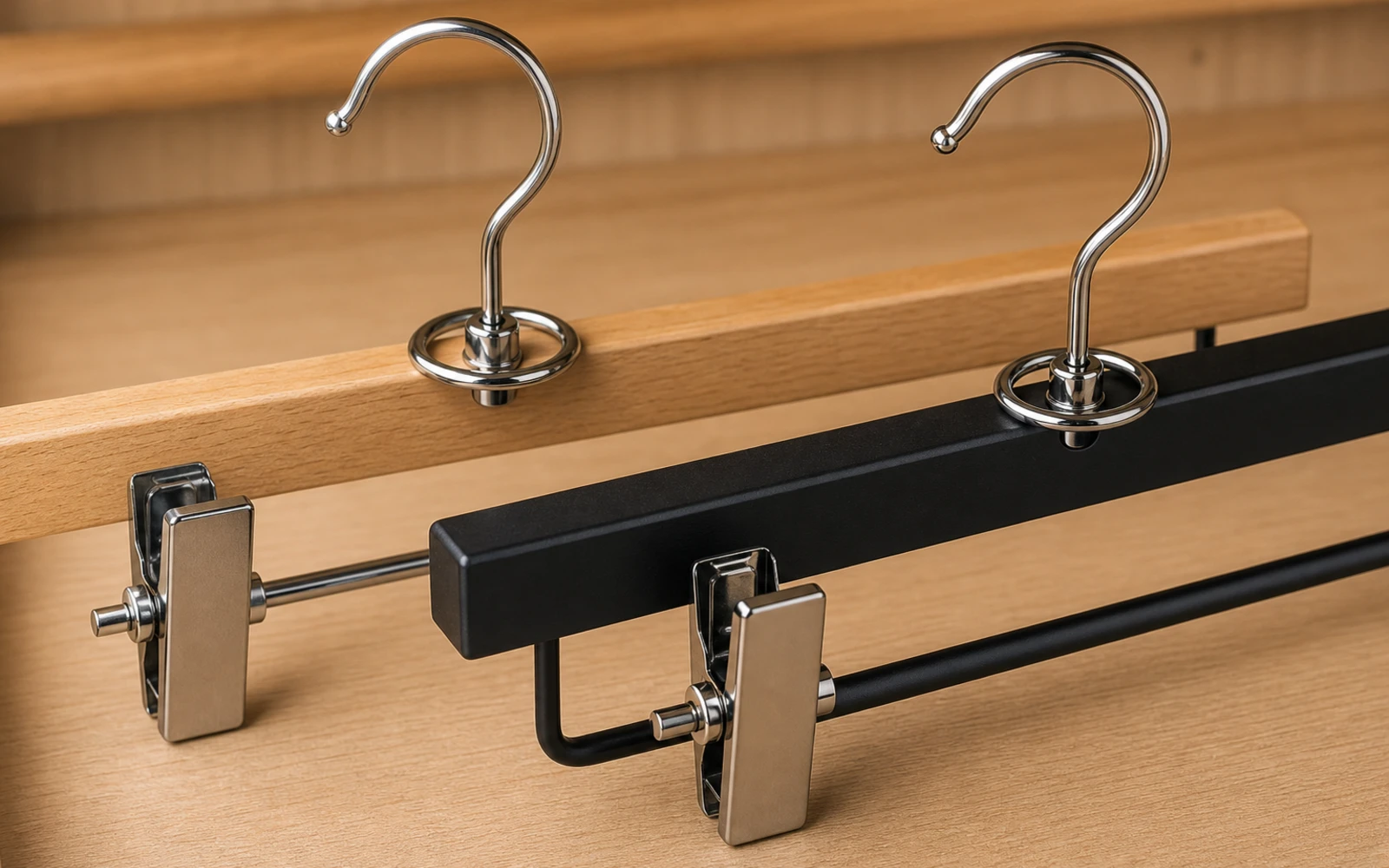 Hotel clothes hangers with trouser bar and clip formats