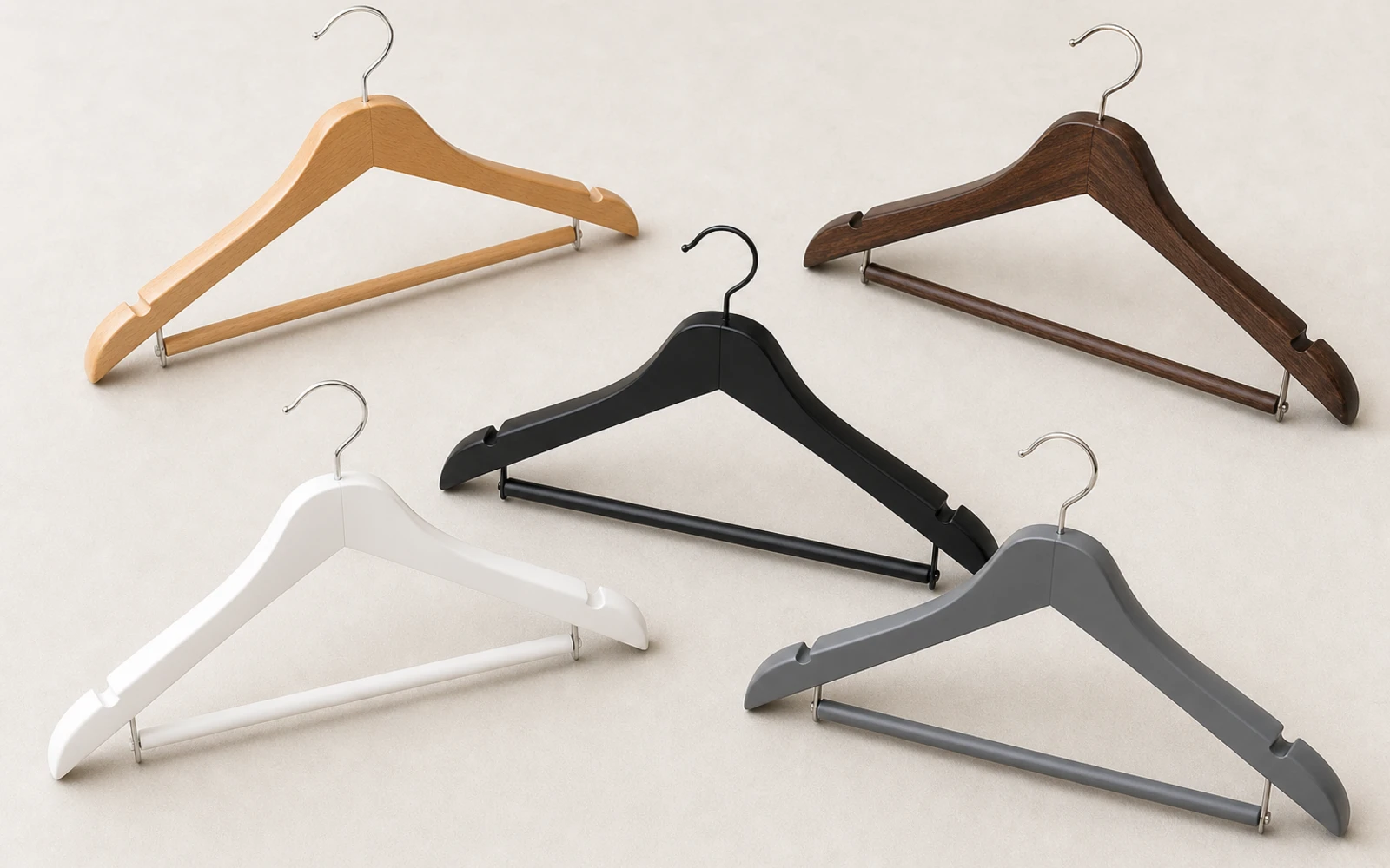 Black and light grey hotel clothes hanger sets with suit, shirt and clip options