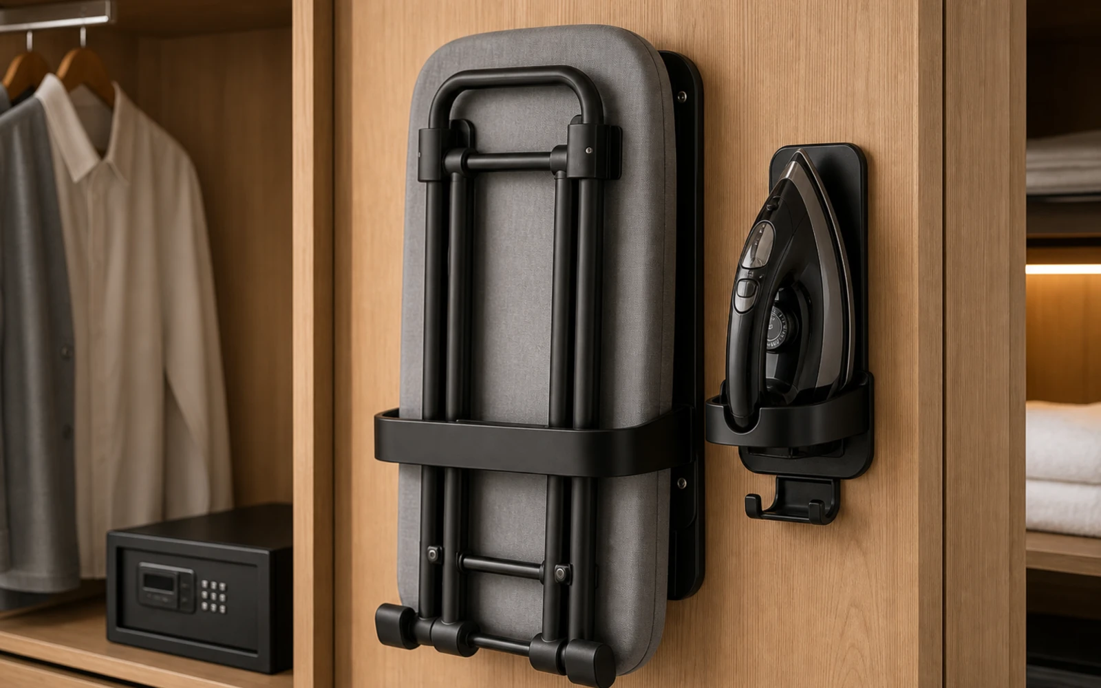 Wardrobe-mounted hotel ironing board and iron holder