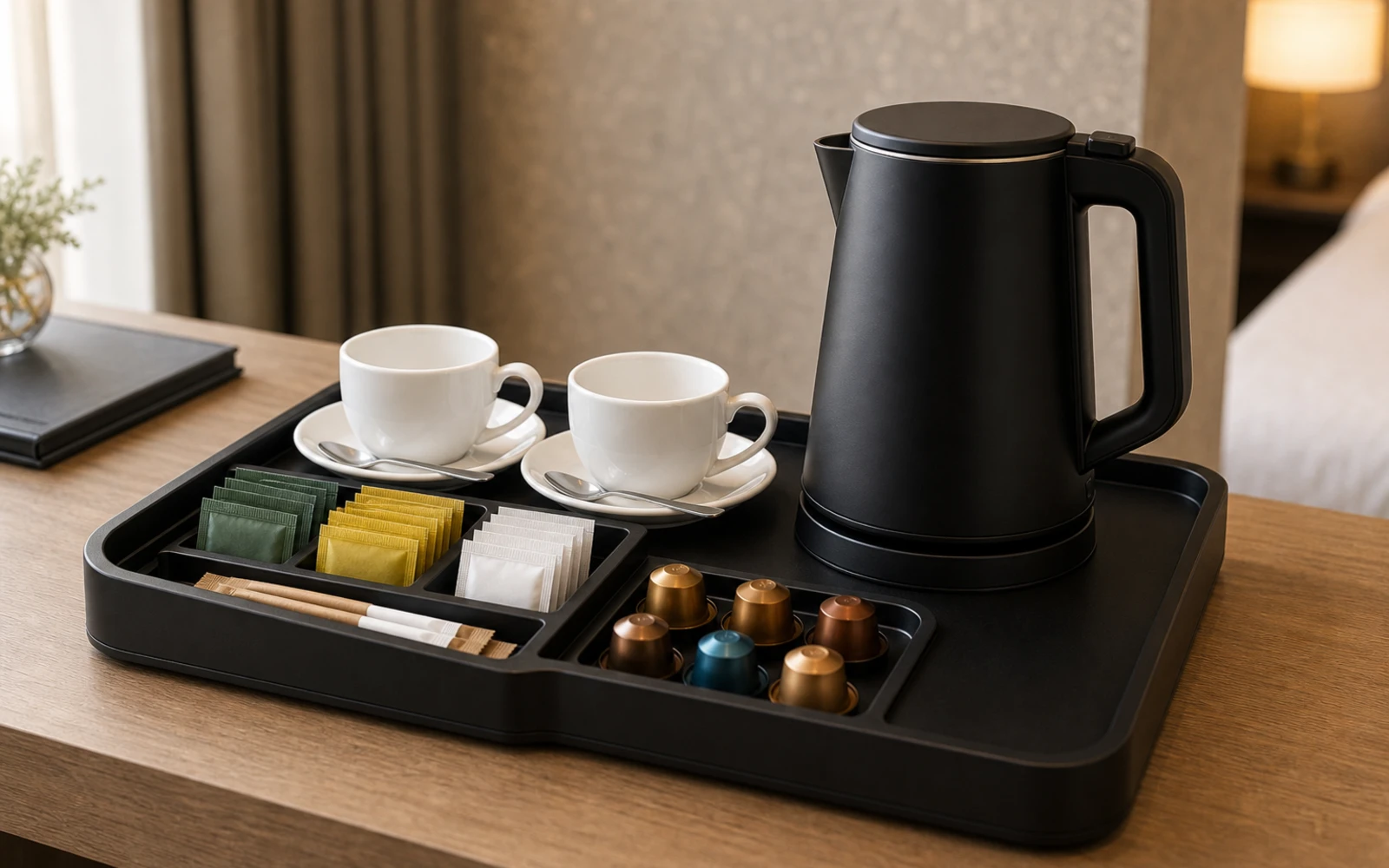 Hotel electric kettle paired with an in-room hospitality tray