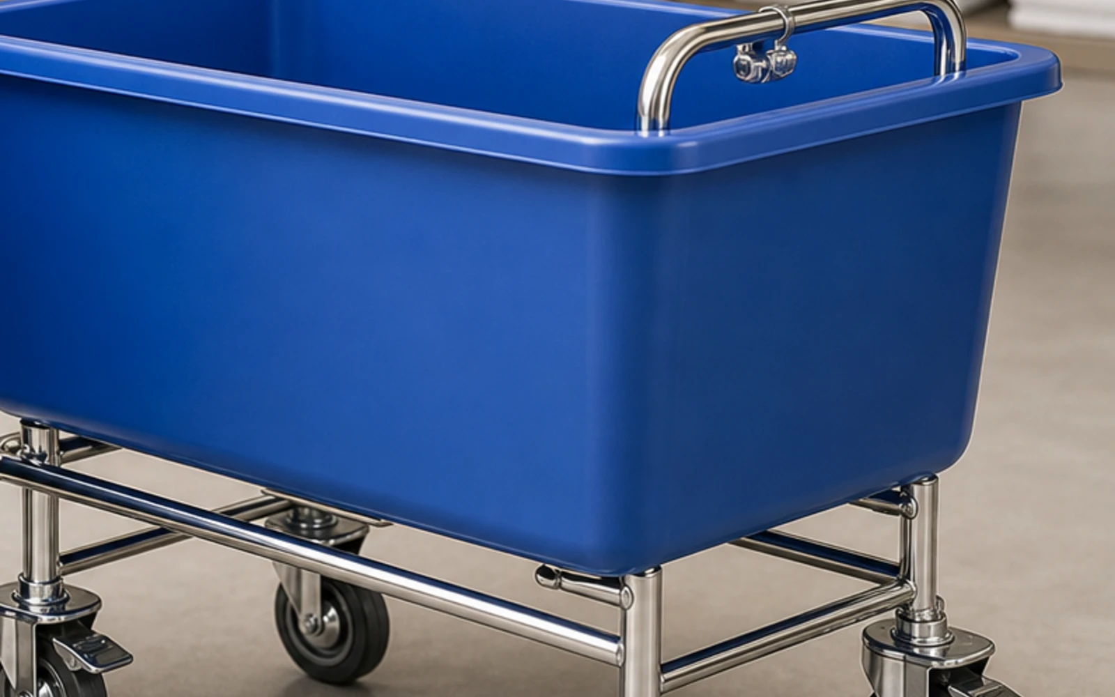 Molded plastic hotel linen tubs on swivel casters in grey and brown
