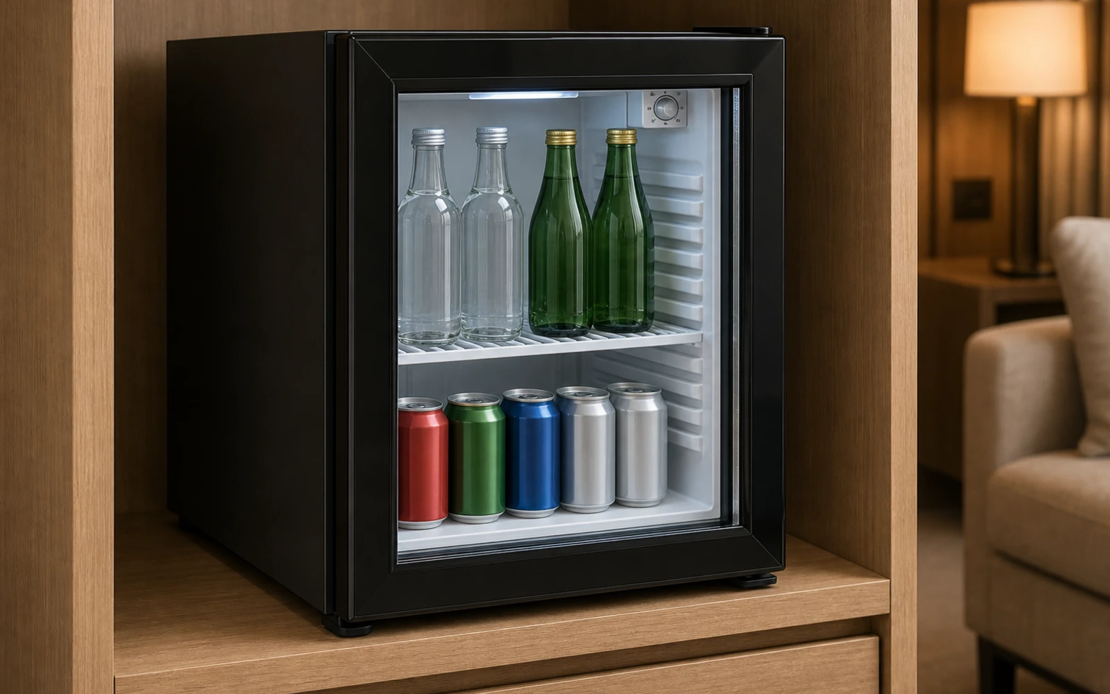 Glass-door hotel minibar display fridge with drinks inside
