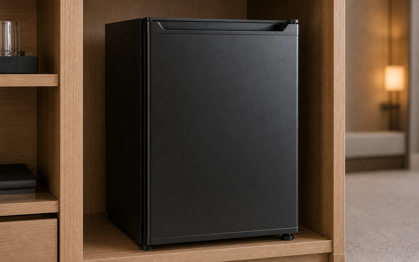Solid-door compact hotel minibar for in-room cabinet installation