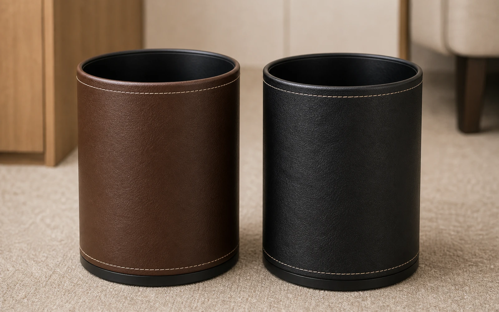 Round leatherette and wood-grain hotel room bins with stainless rims