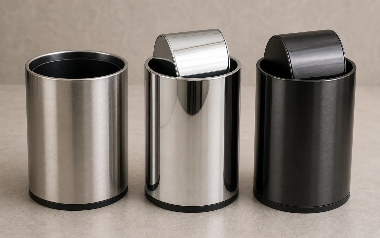 Tall stainless hotel waste bins with recycling and open-top formats