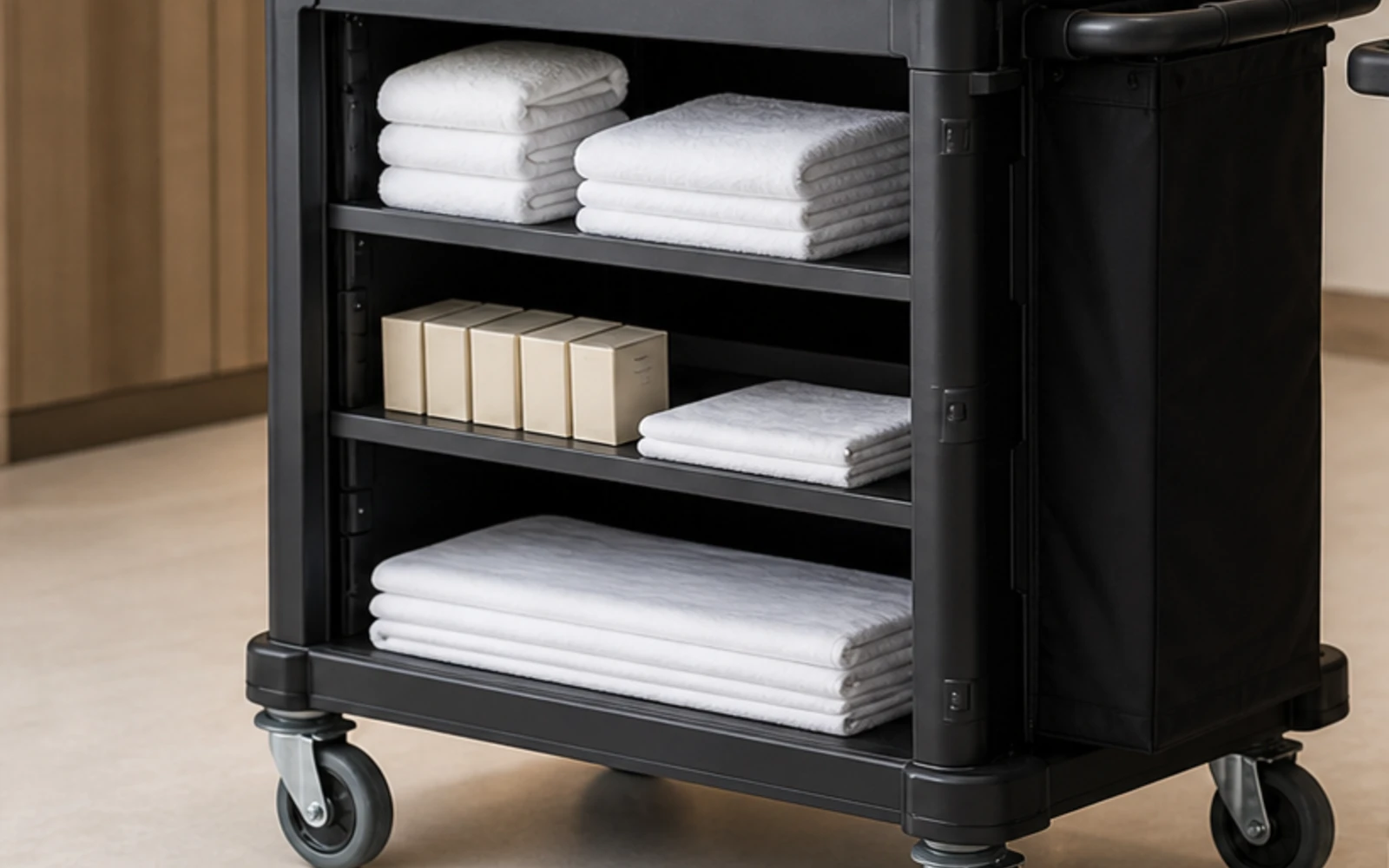 Open-shelf hotel housekeeping cart with side linen bags and wheels