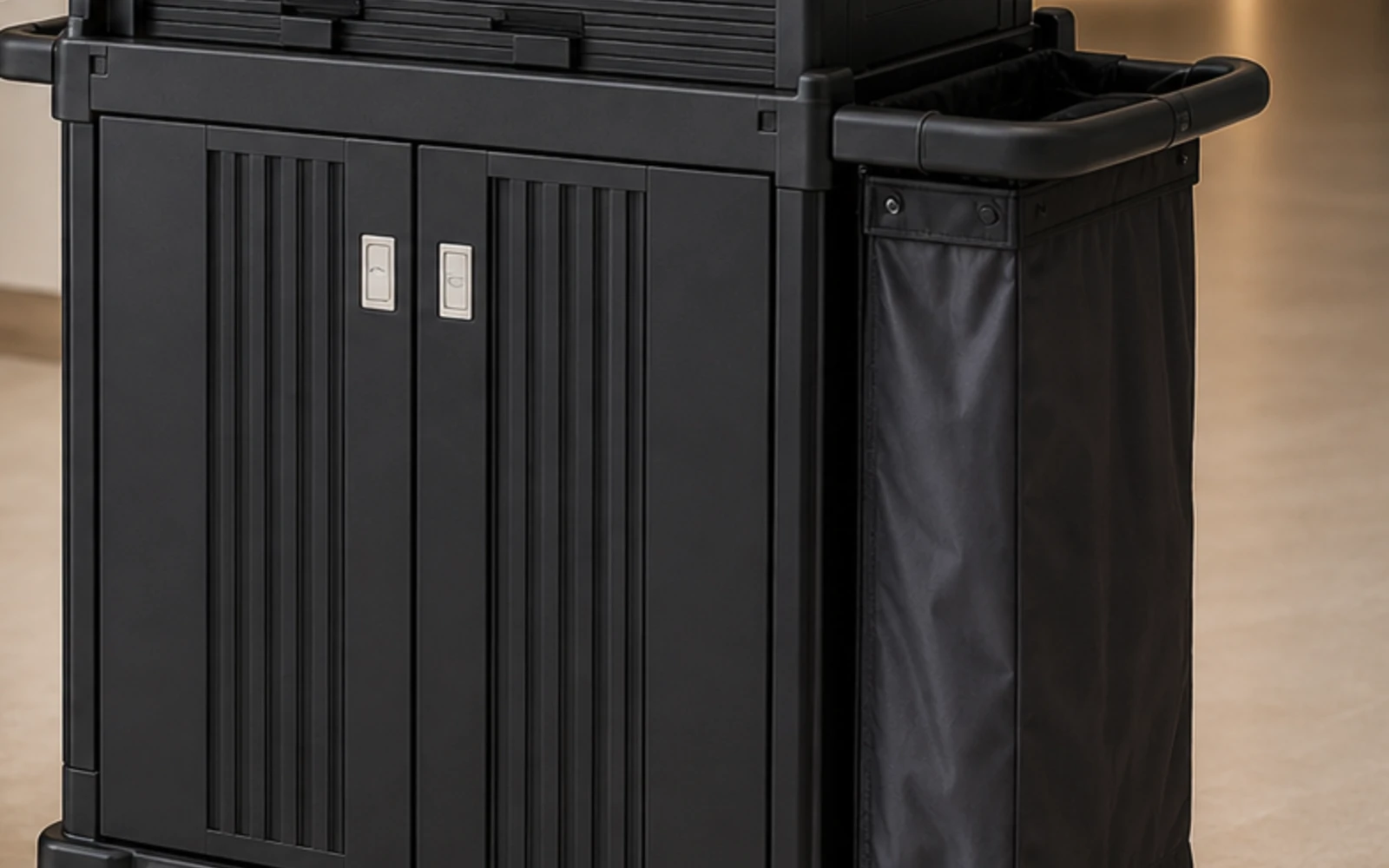 Roll-shutter hotel housekeeping cart with side bag and enclosed storage