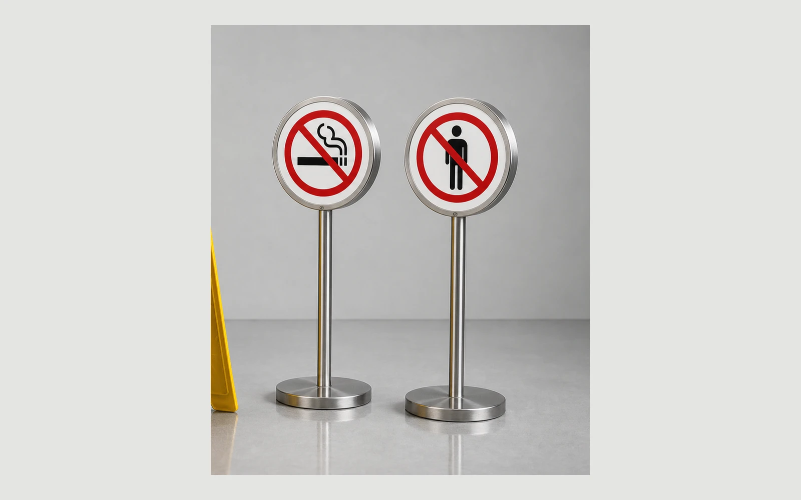 Stainless hotel cleaning and caution signs with interchangeable message panels