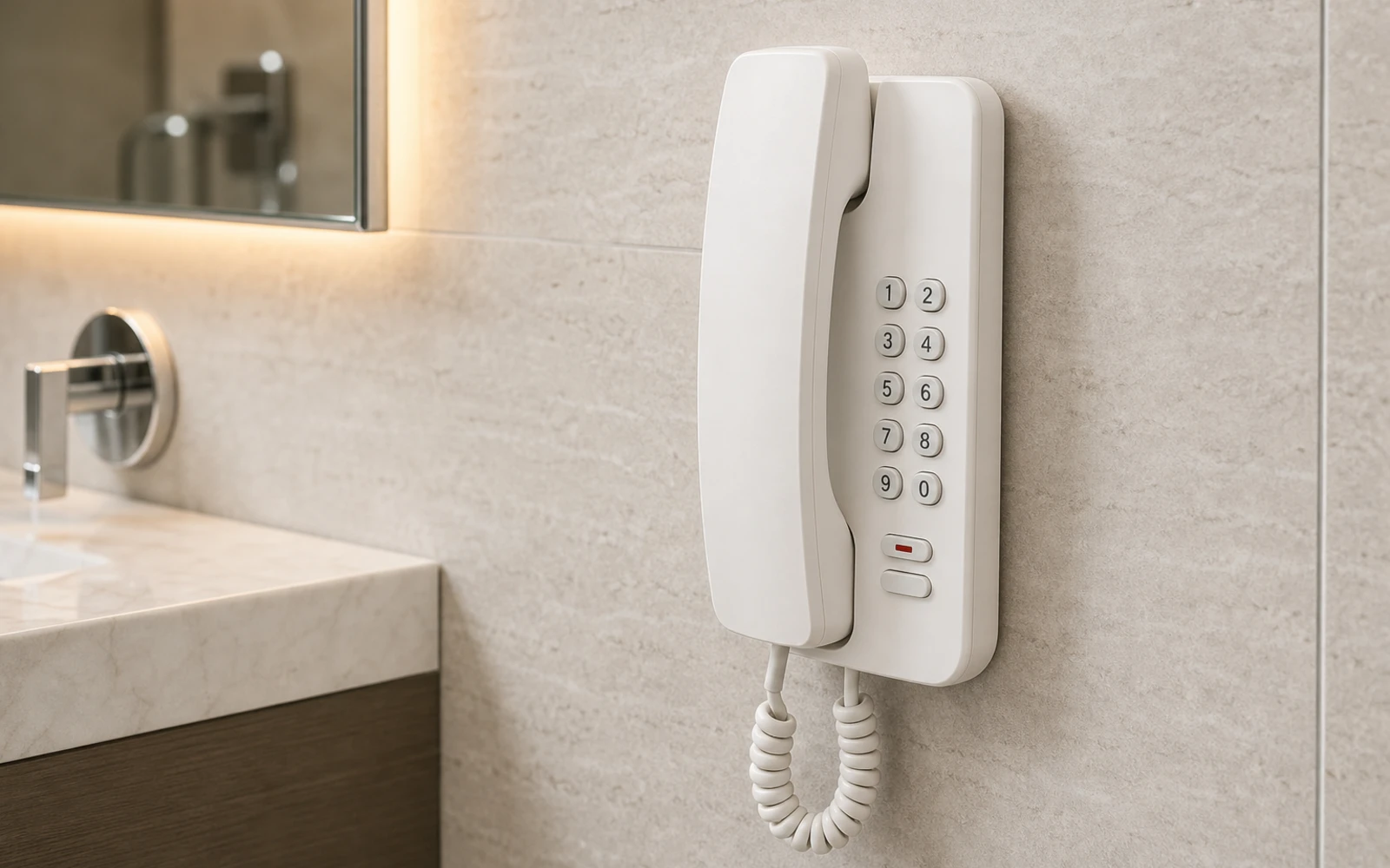 Wall-mounted waterproof hotel bathroom telephone beside a tub