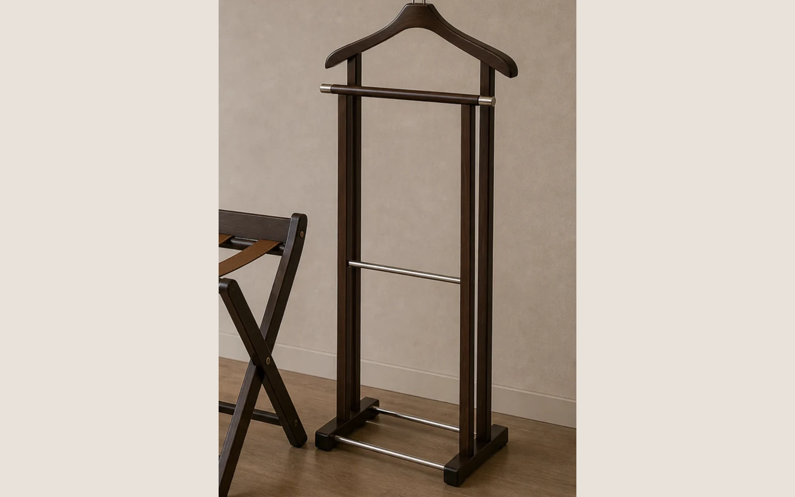 Wooden hotel valet stands and coat trees for guest dressing areas