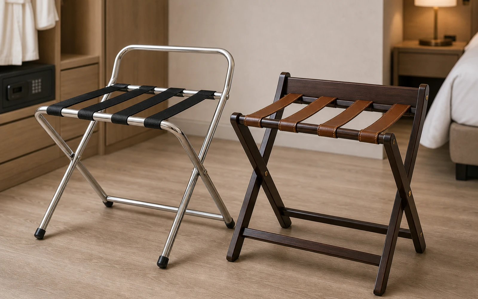 Folding wooden hotel luggage racks with strap support