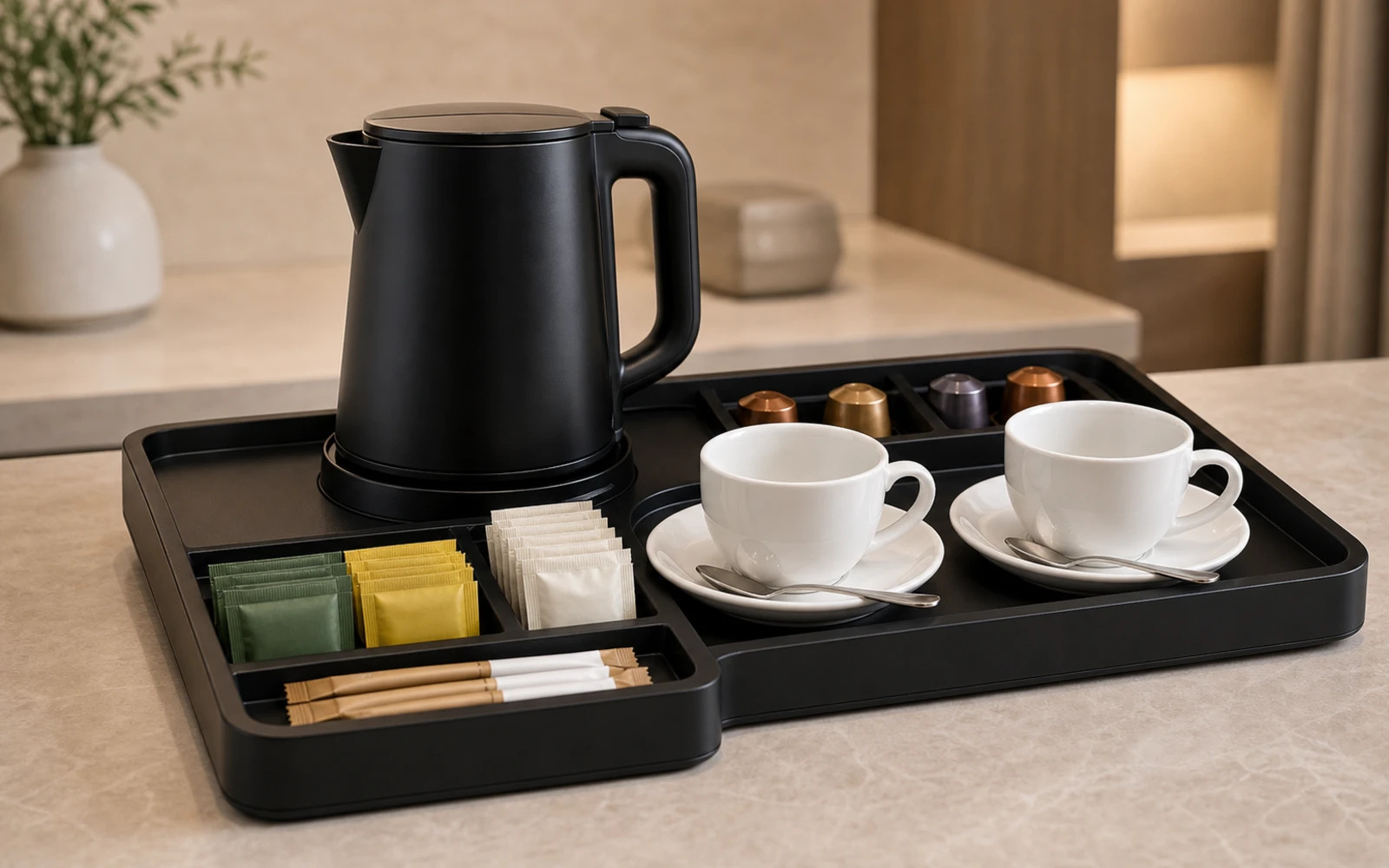 Black ABS hotel welcome tray with cups, sachet channels and kettle base recess