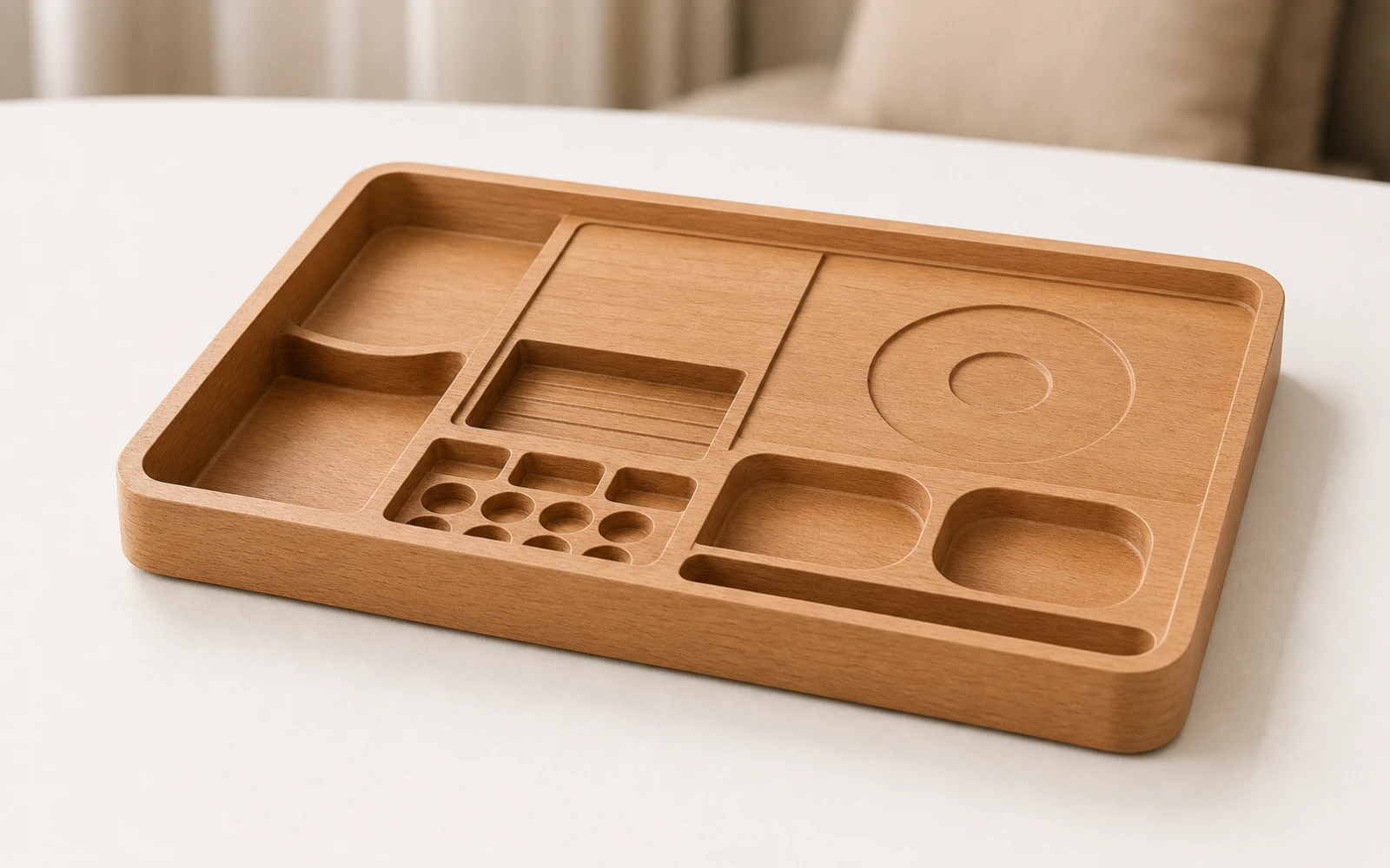 Empty beech wood welcome tray showing kettle, cup, capsule and spoon recesses