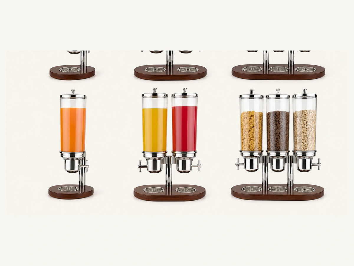 Countertop cereal and juice dispenser formats in single and multi-head layouts