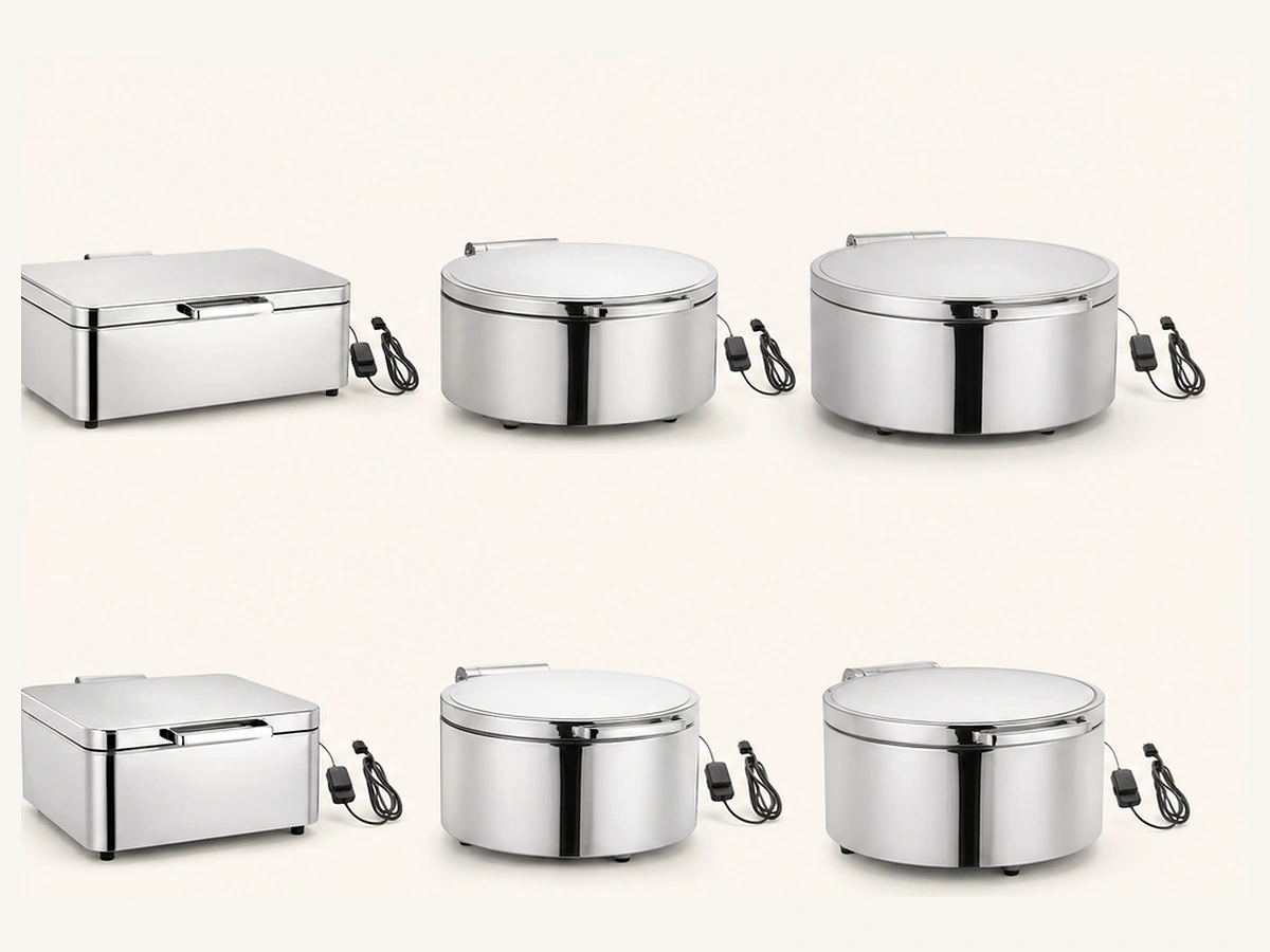 Hotel buffet line with polished chafing dishes holding hot dishes