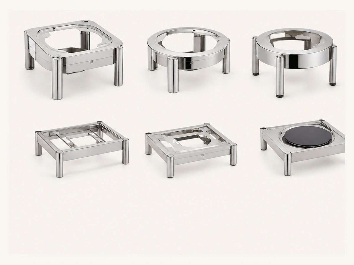 Round buffet cooker stand and self-service support frame options