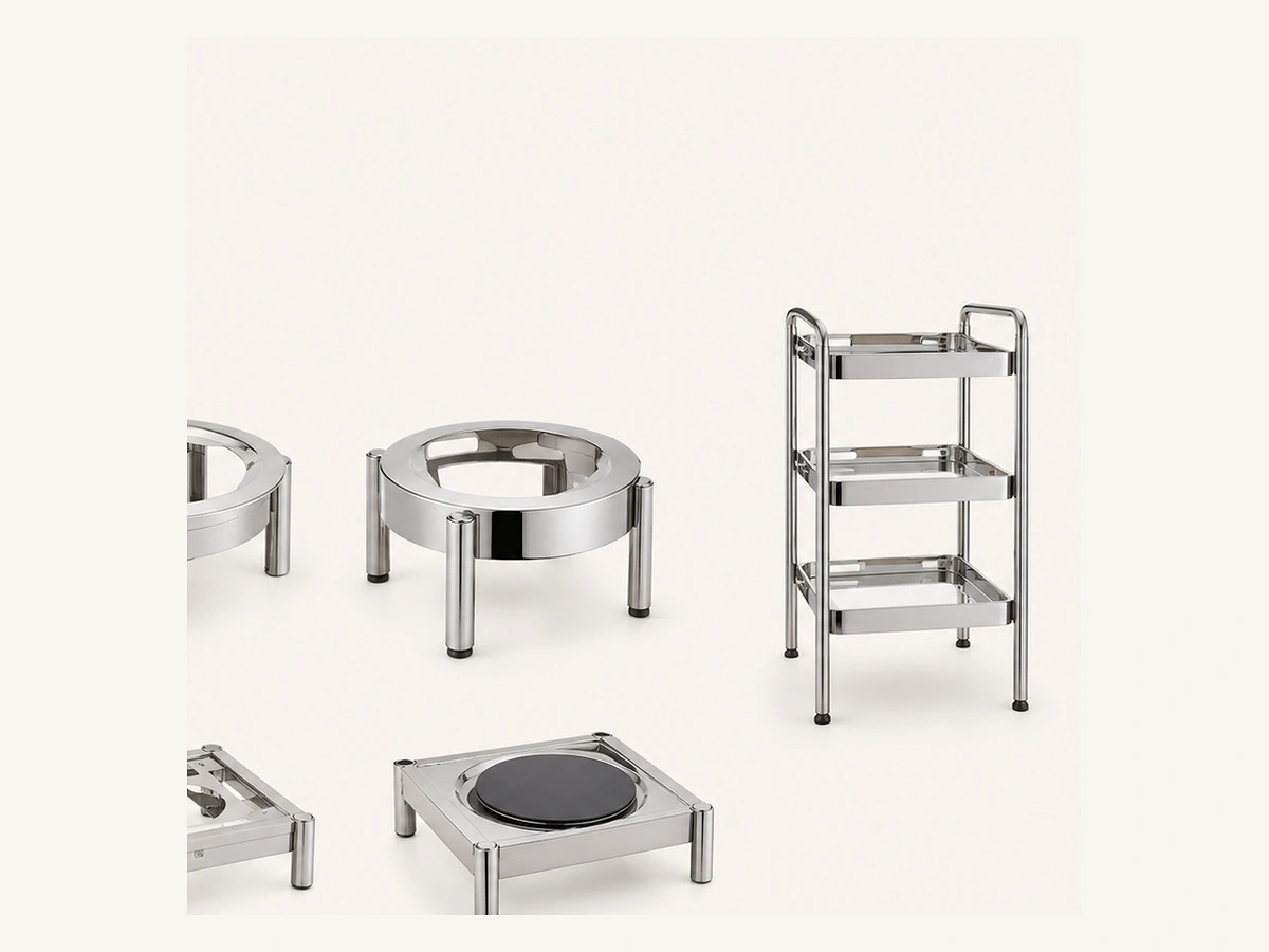 Stackable stainless buffet support frame and storage rack options