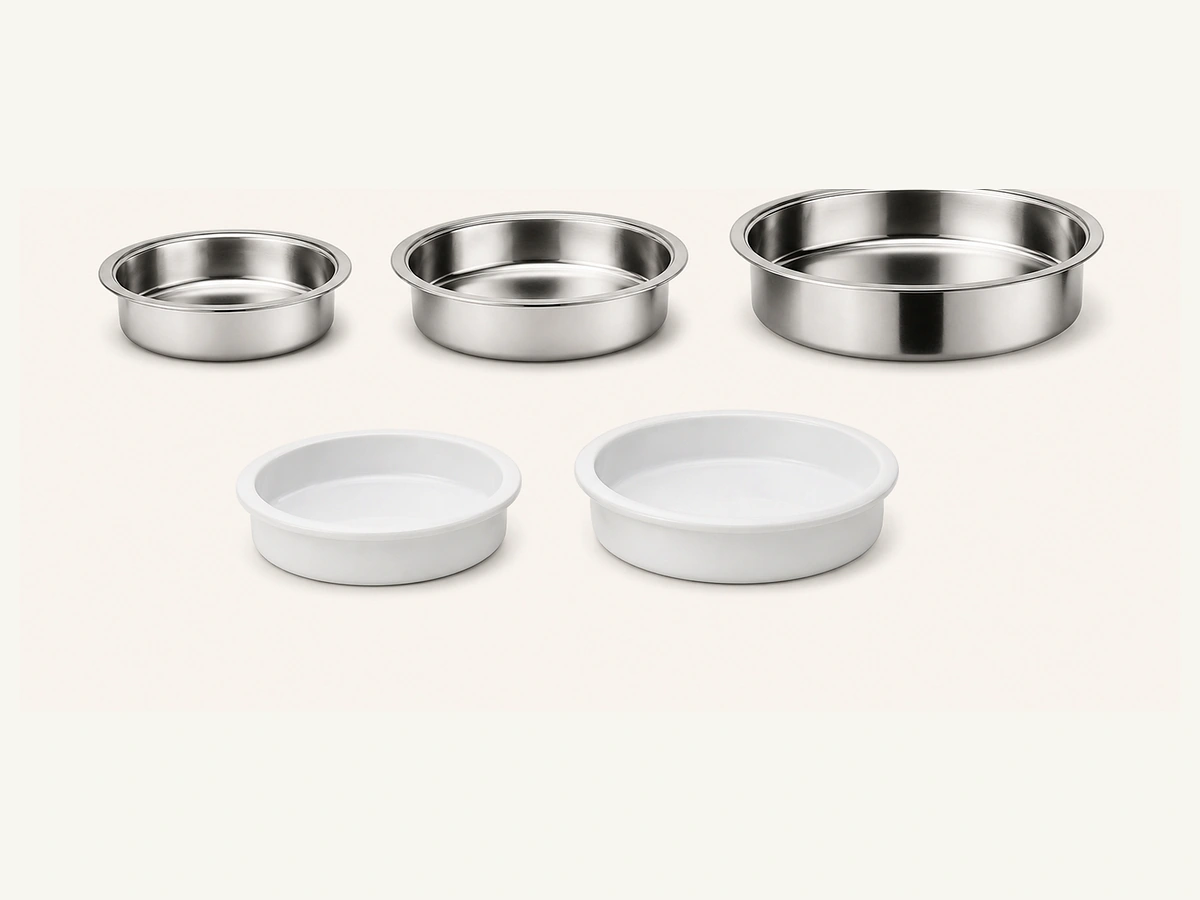 Ceramic and stainless replacement food pan insert options